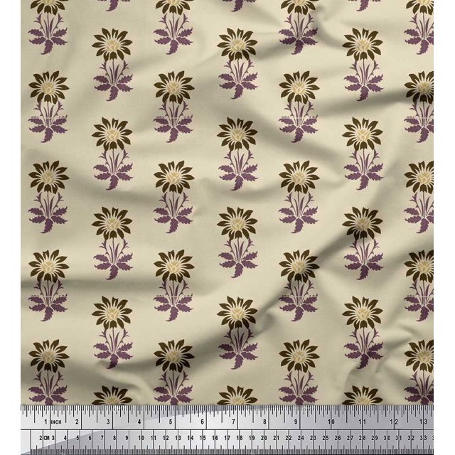 Soimoi Polyester Crepe Fabric Leaves & Floral Block Decor Fabric Printed Yard 52 Inch Wide