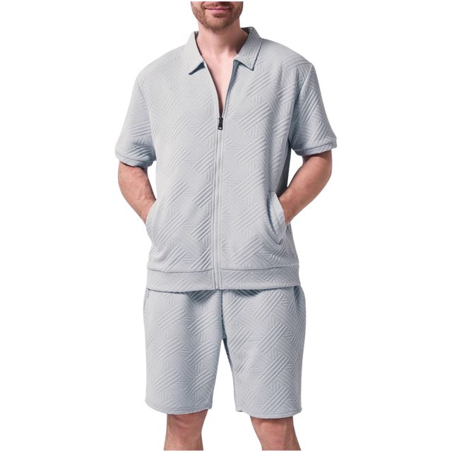 Styesk Mens Outfits 2 Piece Summer Men's Casual Fashion Solid Color Short Sleeved Lapel Drawstring Elastic Waist Set