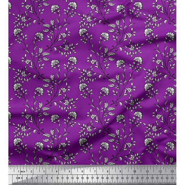 Soimoi Crepe Silk Fabric Leaves & Floral Block Print Fabric by The Yard 42 Inch Wide
