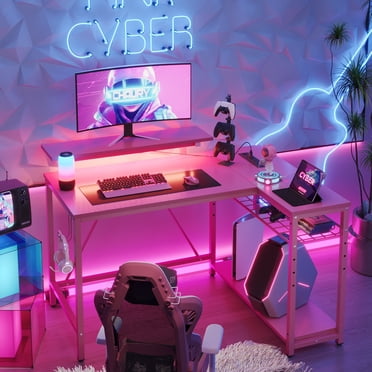 Bestier 42'' Small L Shaped Gaming Desk with Power Outlets Carbon Fiber Pink