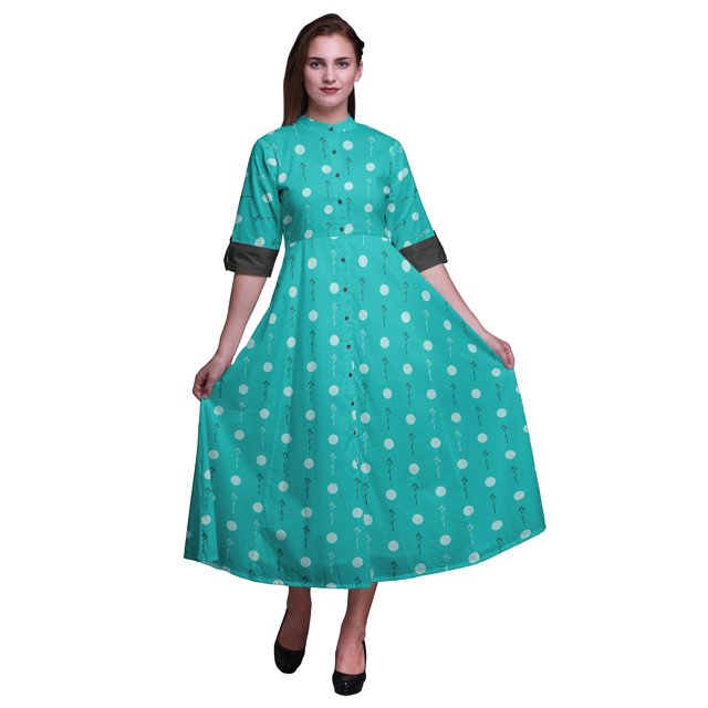 Bimba Robe Chemise à Boutons à Imprimé de Feuilles, Col Mandarin, Manches Retroussables - Xxx-Grand, Vert Turquoise