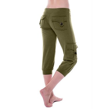 Capris Cargo pour Femmes en Polyester, Pantalons Joggers Raccourcis avec Poches, Cordon de Serrage, Taille Élastique, Capris Décontractés à Jambe Droite, Pantalons Capris Unis de Yoga, Leggings Verts TG