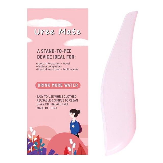 Female urination device for women, designed for standing use, shown in a light pink color. The product is made of durable PP material and measures 20 x 4.5 cm. It features an ergonomic design for ease of use, suitable for travel, camping, and public restrooms. The accompanying packaging highlights its benefits, including hygiene, convenience, and eco-friendliness.