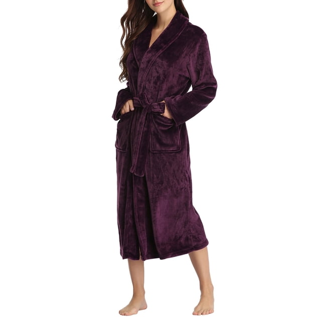 Womens Robes Plush Fleece Hooded Bathrobe Thick Nightgown with Pockets Sleepwear Deep Robe M