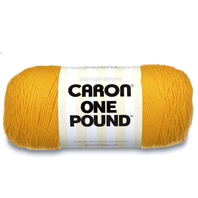 Caron® One Pound™ Yarn, Acrylic #4 Medium worsted weight, 16oz/454g skein in mustard yellow with a white label and bold black text, ideal for knitting and crochet accessories, garments, and home decor, machine washable and dryable.