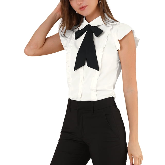 INSPIRE CHIC Women's Ruffle Bow Tie Chiffon Top Peter Pan Collar Button Down Shirts