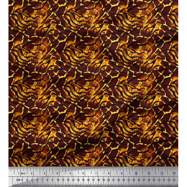 Soimoi Red polyester Crepe Fabric Tiger & Giraffe Animal Skin Printed Fabric 1 Yard 52 Inch Wide