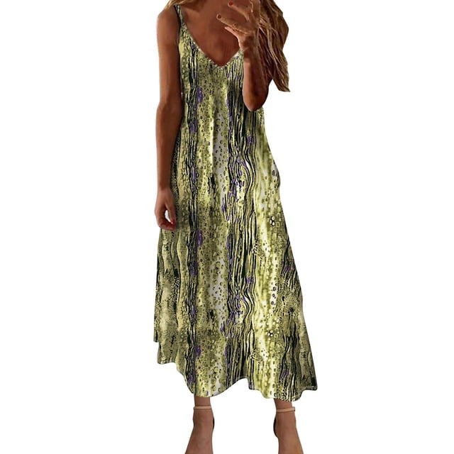 Ovzne Robes Grande Taille pour Femmes aux Formes Robe Femme Robes d'Été pour Femmes Imprimé Sans Manches Col Rond Robe Décontractée Robes Robe Femme Imprimée Liquidation