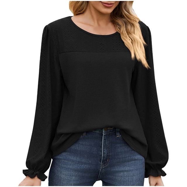 Timegard Blouse pour Femmes, Oeillets, Encolure Dégagée, Volants, Manches Longues, Hauts d'Automne Décontractés et Confortables, Couleur Unie