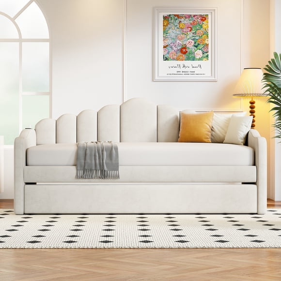 Twin Size Upholstered Daybed with Trundle and Pockets,Velvet Day Bed Frame with USB Charging Ports and Channel Tufted Backrest,Wood Slats Support,Beige