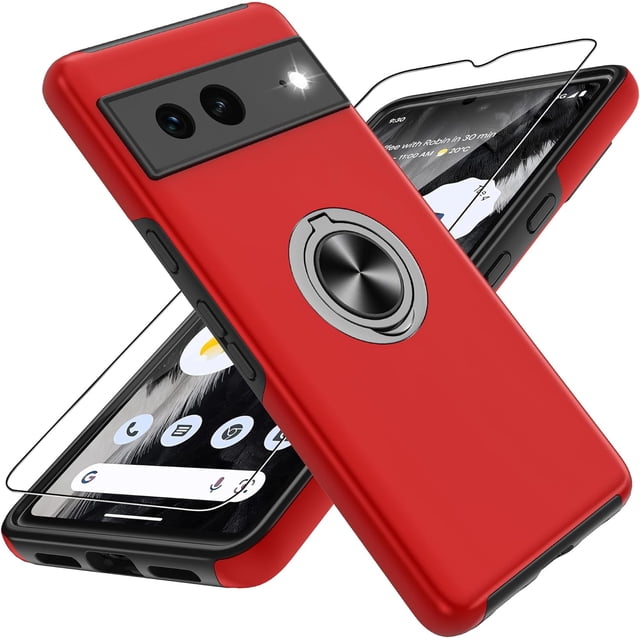 KOMI Pixel 7 Case, Google Pixel 7 Case with HD Screen Protector, Shockproof Google Pixel 7 Phone Case with 360° Magnetic Ring Holder Kickstand Phone Case for Google Pixel 7 Red