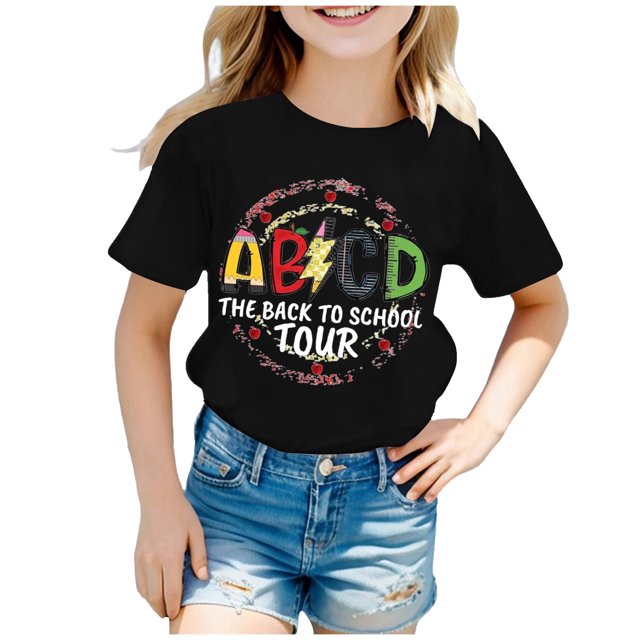 AWZXDE Hauts pour Filles Enfants Rentrée des Classes T-Shirt Graphique à Manches Courtes Col Rond Lumineux Confortable pour Garçons et Filles