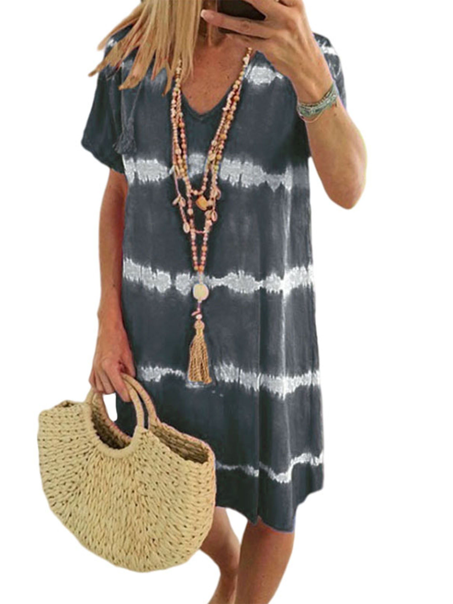 LUXUR Dames Robe Soleil Manches Courtes Tunique Robes V Cou Midi Robe Bohème Cravate Teinture Gris XL