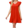 thumbnail image 2 of Robes pour Femmes 2024 Été Surdimensionnée Tempérament Douce Col en V Manches Bouffantes Couleur Unie Robe Confortable Robe Courte Rabais de 50 % Liquidation!, 2 of 7
