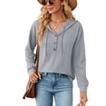 thumbnail image 2 of Yuyuzo Womens Fall Sweatshirts Drawstring V Neck Buttons Long Sleeve Textured Knit Pullover Tops, 2 of 7