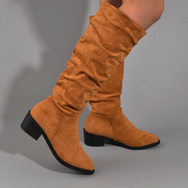 Cameland Women's Fall Winter Flock Color Long Boots Middle Heels Boots Pointed-Toe Knee High Boot