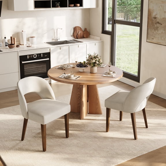 Chaises de Salle à Manger en Chenille, Ensemble de 2, Chaises de Cuisine Pieds en Bois, Beige / Rembourrées en Peluche, Dossier Ergonomique Enveloppant, Pieds Antidérapants, Assemblage Facile