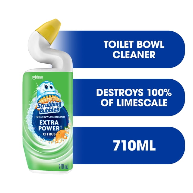 Scrubbing Bubbles Toilet Bowl Cleaner Extra Power Citrus scent 710mL bottle with angled yellow nozzle and green label featuring bubbles and citrus graphics, designed to remove tough stains and destroy 100% of limescale in toilet bowls.