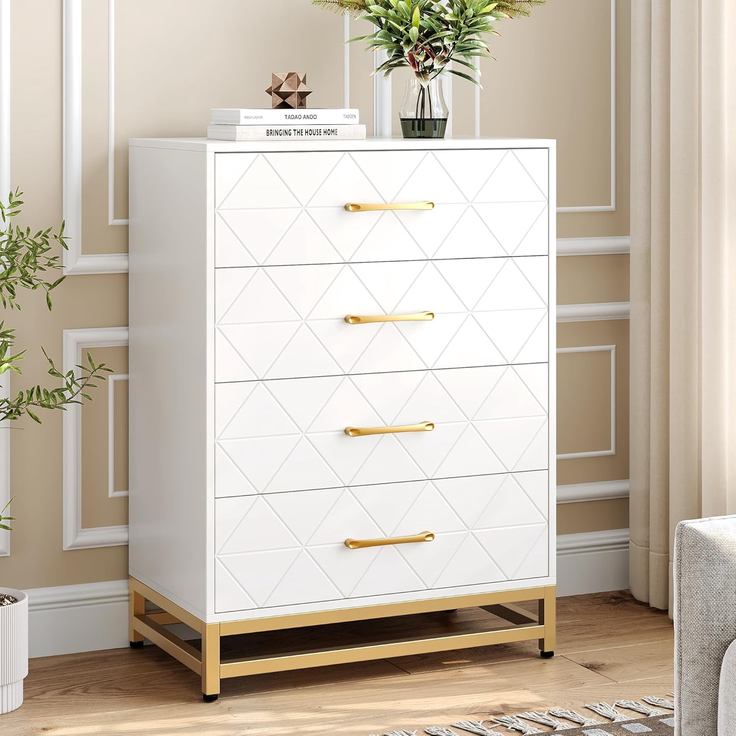 4-Drawer Tall Dresser Wooden Chest with Dust-Resistant Drawers for Bedroom White