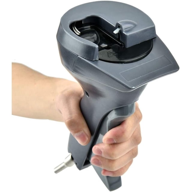 Handheld Security Tag Detacher Security Tag Remover Security Tags Removal Tool Clothes Tag Remover front-facing gray ABS handheld detacher with molded ergonomic handle and attached lanyard; visible rectangular release slot and base channel to straighten bent tacks, compact 195 x 110 x 72 mm (7.67 x 4.33 x 2.83 in), manual AM-58KHz tag remover for retail and supermarket staff, lightweight 340 g, also suitable for removing compatible tags from sample garments during inventory checks.