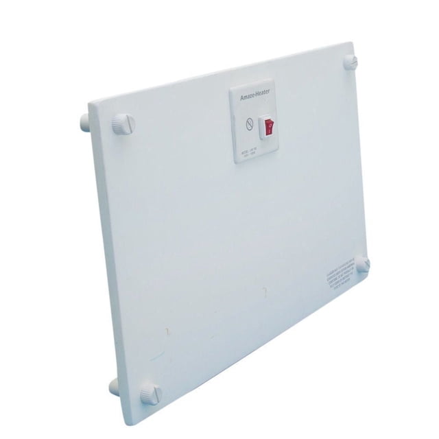 Amaze Heater 100 W Ceramic Electric Heater shown in a 3/4 angled view with a flat white rectangular panel, red power switch, and four white mounting knobs for wall installation; suitable as a quiet, low-energy space heater for personal warmth.