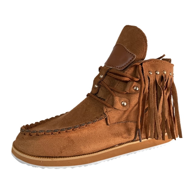 Kcodviy Bottes pour Femmes Bottines à Talons pour Femmes Bottes Rétro en Suède Faux Bottes en Suède pour Femmes Cuir à Franges Bout Rond Bottes à Lacets pour Femmes Talons Chaussures Décontractées