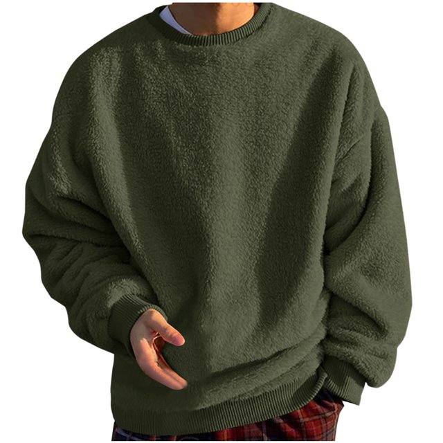 Penkiiy Chandail Sherpa Duveteux pour Homme à Manches Longues, Col Rond, Chandail Molletonné, Confortable, Basique, Unisexe, Automne Hiver, Chaud, Hauts, TP, Vert Armée