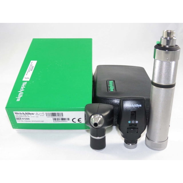 Welch Allyn Diagnostic Set with Ophthalmoscope, Otoscope, and non-rechargeable handle displayed alongside its green packaging and hard case. Includes a 3.5v otoscope with reusable specula and a coaxial ophthalmoscope featuring halogen HPX lighting for brighter, whiter illumination. The set is designed for professional medical use, offering features like a cobalt blue filter for detecting corneal abrasions, a polarizing filter to reduce glare, and 28 focusing lenses ranging from -25 to +40 diopters. Packaged with batteries and user manual for immediate use.