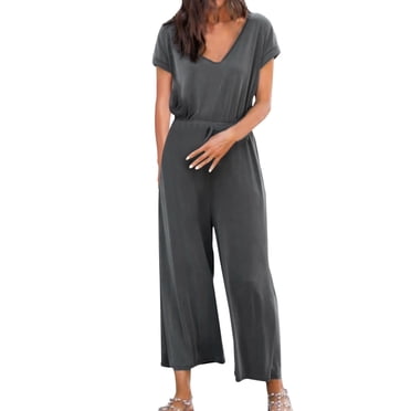HBFAGFB Jumpsuits for Women Casual Loose V Neck Short Sleeve Simple Rompers with Pockets Dark Gray Size S