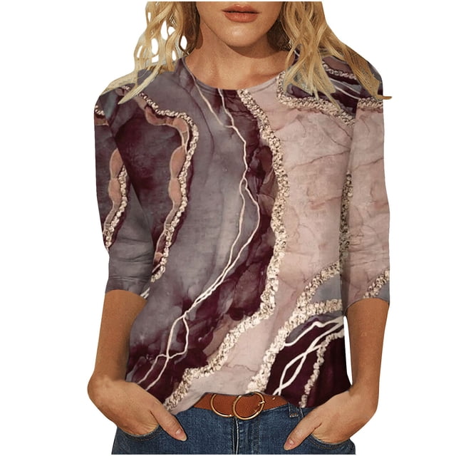 XZNGL Hauts à Manches 3/4 pour Femmes, une blouse Décontractée Imprimée à Col Rond et Coupe Ample. Présente un Motif Abstrait dans des Tons Atténués, des Manches 3/4 et une Matière imitation Coton. Idéal pour la Mode pour Femmes, le Quotidien Ou la Maison. Stylé avec un Jean et une Ceinture pour un Style Décontracté.