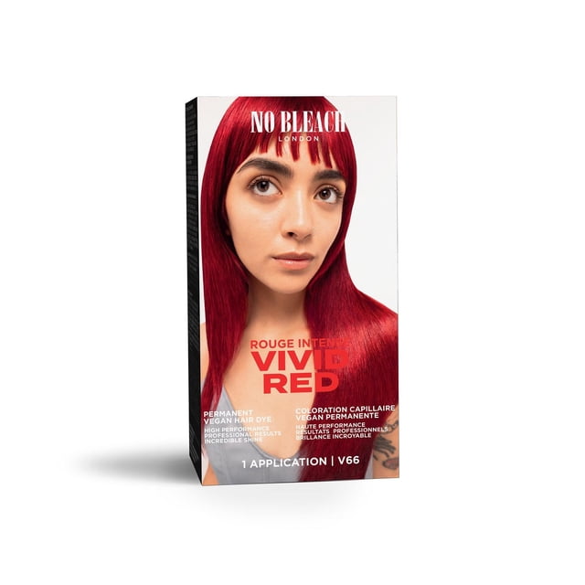 Bleach London Vivid Red Permanent Kit box showing a model with sleek, straight vivid red hair, representing a permanent vegan hair dye for high-performance colour and shine, ideal for root regrowth and all hair types.