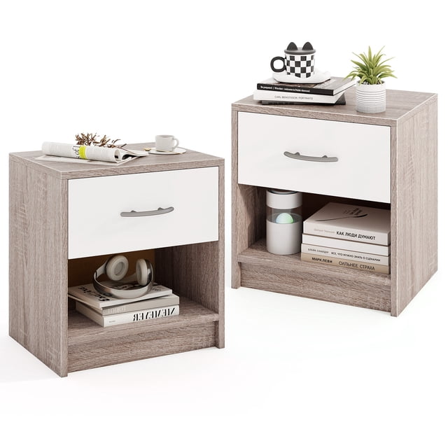Gymax 2 PCS Nightstand w/ Drawer Side Table w/ Slide-out Drawer Open Storage Shelf Light Gray & White