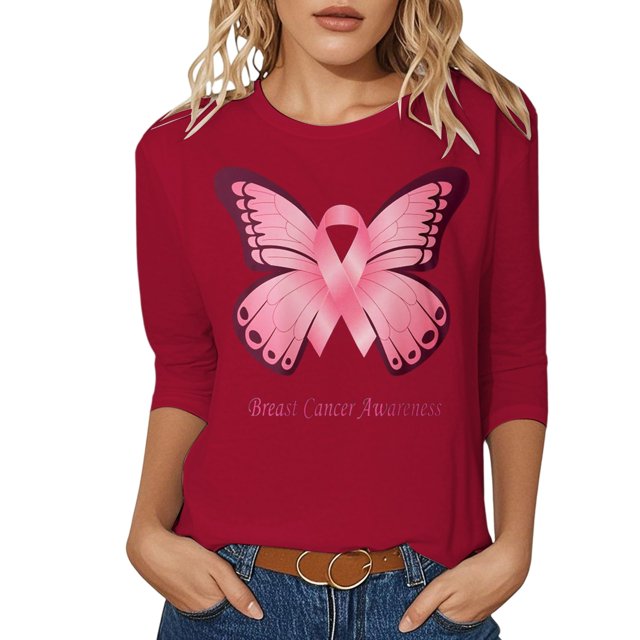 Fgnfyis T-Shirts pour Femmes Sensibilisation au Cancer Hauts Décontractés Col Rond Manches Trois Quarts Design Imprimé pour Quotidien Printemps Été Automne Célébrations Hauts pour Femmes Rouge Melon D\'eau m