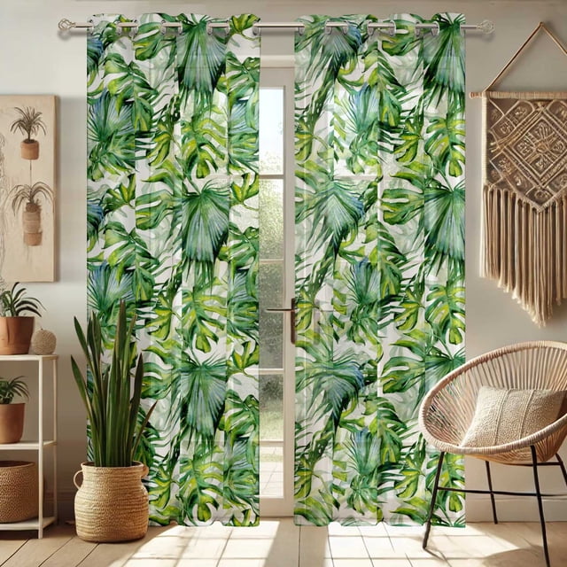 Vargottam Green Tropical Leaves Print Sheer Curtains for Short Windows - Set of 2 Panels, 63", Grommet Top, Printed Georgette, Light Filtering Drapes for Kitchen or Bedroom