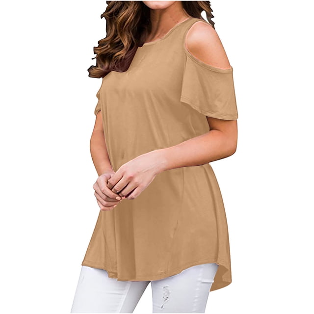 Off the Shoulder Shirts for Women Summer Short Sleeve Solid Color Tank Top Ladies Plus Size Beach Flowy Tees Blouse (Large, Khaki)