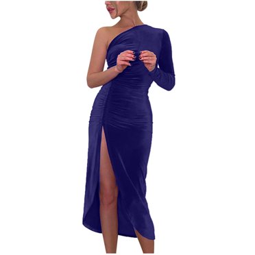 CEHVOM Femmes Sexy Casual Digaonl Col Solide Robe à Manches Longues Split Fork Robe