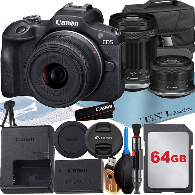 Canon EOS R100 Appareil Photo Sans Miroir avec Objectif RF-S 18-45mm + 18-150mm + Carte Mémoire 64 Go + Étui + Ensemble d'Accessoires ZeeTech