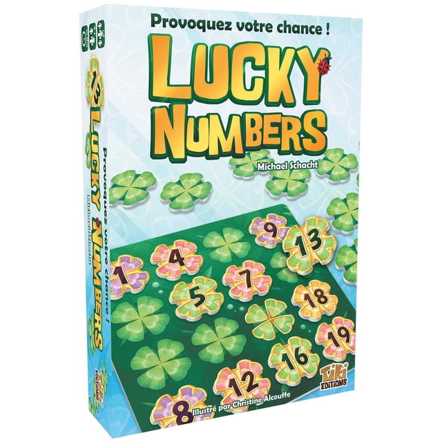 Tiki Editions - Lucky Numbers - French board game for children 8+ featuring a green game board with colorful numbered clover-shaped tiles arranged in ascending order, suitable for 1-4 players with solo puzzles and tournament play, also ideal for developing logical thinking skills.