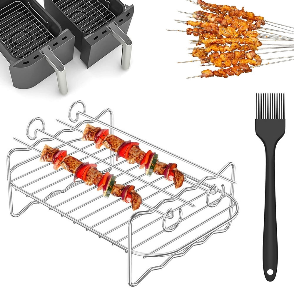 Air Fryer Double Layer Rack Set 304 Stainless Steel Multi-Purpose Air Fryer Rack with 4 Barbecue Skewers 1 Silicone Oil Brush Non-Stick Air Fryer Rack for Philips Ninja Instant Airfryer