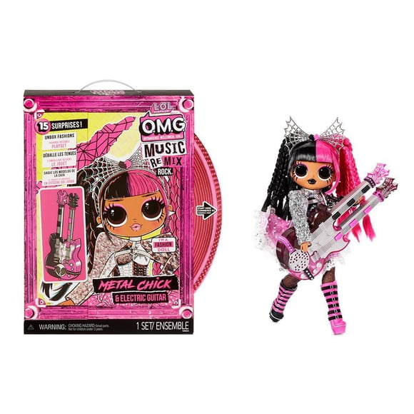 Poupée-mannequin LOL Surprise OMG Remix Rock, Metal Chick, avec 15 surprises, incluant une guitare électrique, une tenue, des chaussures, une brosse à cheveux, un socle de poupée, un magazine de parol