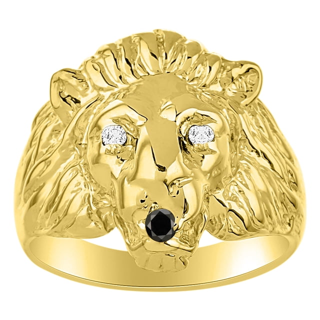RYLOS Rings Gold Plated Silver Lion Head Ring Diamonds Eyes & Gemstone Mouth Fun Designer Rings Black Diamond Jewelry Size 10