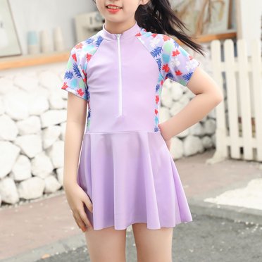 LSLJS Toddler Kids Baby Girls One-Piece Swimsuit Cute Flowers Leaf Print Swimming Trunks Skirts Bathing Suit Zipper Neckline Short Sleeve Beachwear Gifts for Kids
