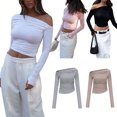 thumbnail image 4 of Fortune Women Basic Slim T-Shirts Solid Long Sleeve Ruched Off Shoulder Crop Top, 4 of 4