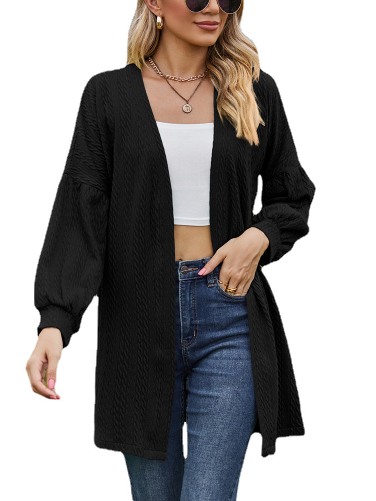 Avamo Ladies Cardigan Open Front Outwear Solid Color Knit Cardigans Lightweight Tunic Tops Work Black 2XL