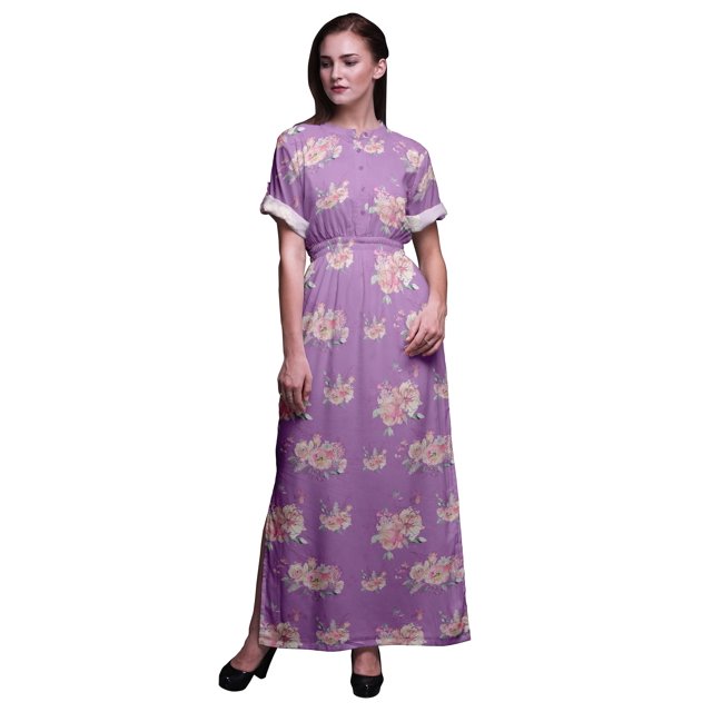 Bimba Robe Longue Imprimée en Rayonne à Roses et Renoncules, Taille Smockée, Fente Latérale, Robe pour Femme - XX-Grand