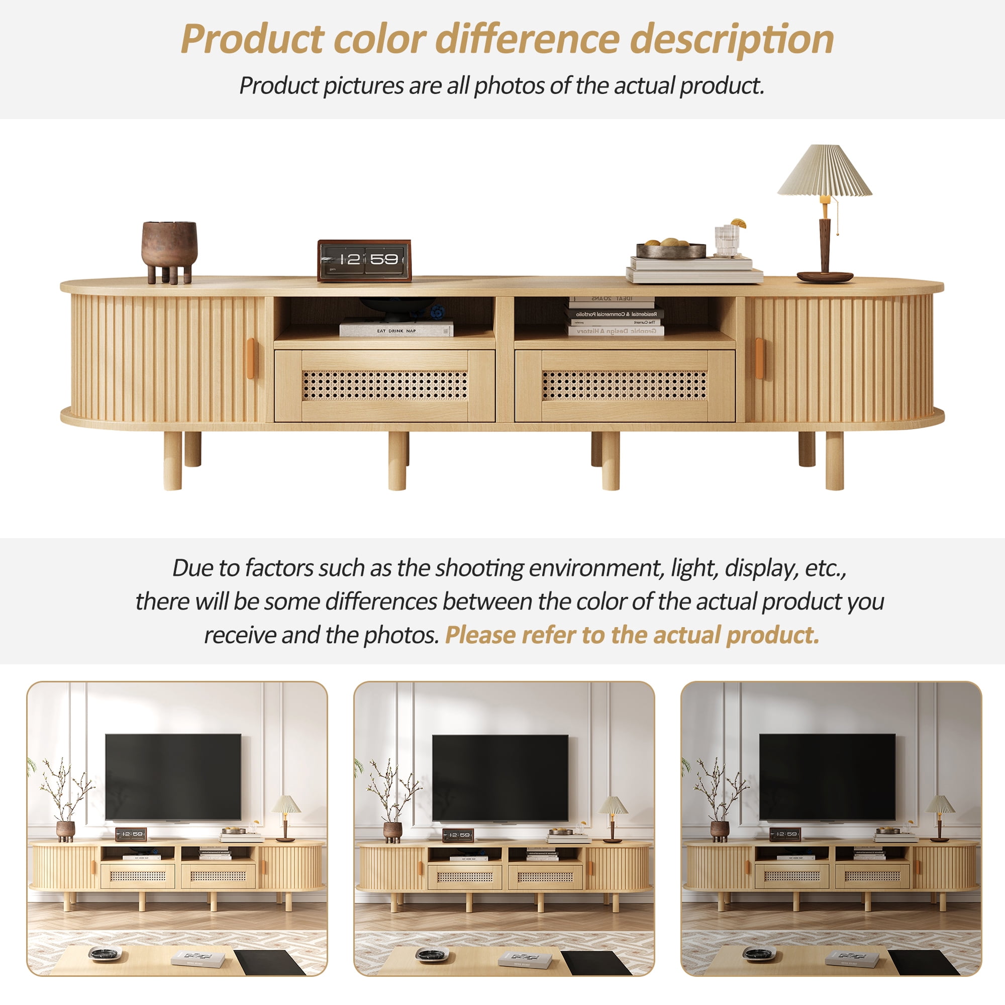 Homy Casa TV Stand for TVs up to 65", 64.9" Modern Media Console with 2 Drawers, 2 Cabinets & Open Shelves, Natural Oak