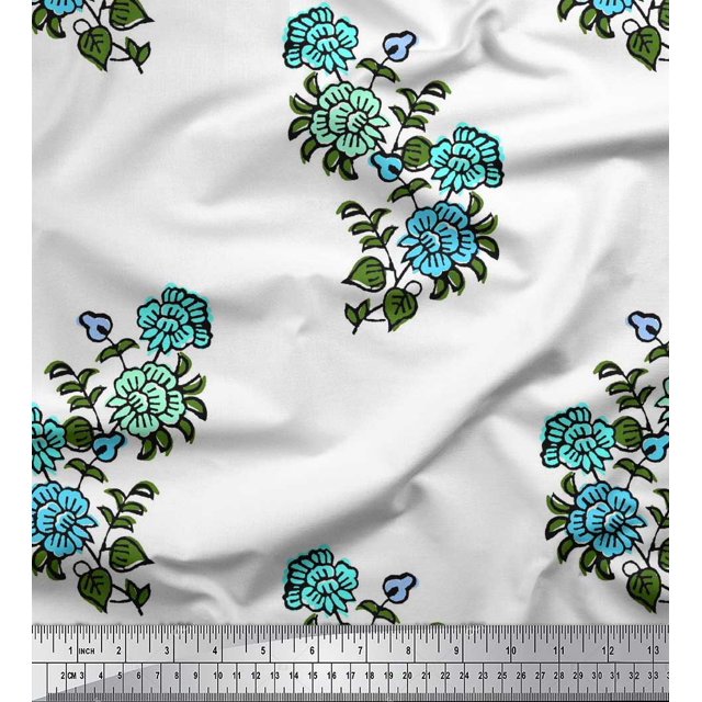 Soimoi Polyester Crepe Fabric Leaves & Floral Block Printed Fabric 1 Yard 52 Inch Wide