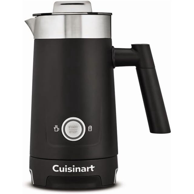 Cuisinart Hot and Cold Milk Frother in matte black with stainless steel nonstick milk tank and dishwasher-safe lid, featuring an easy-grip handle, integrated spout, and a start/stop button for making up to 4 oz. of hot or cold milk foam or heating up to 8 oz. of milk, ideal for specialty coffee drinks and easy cleaning.
