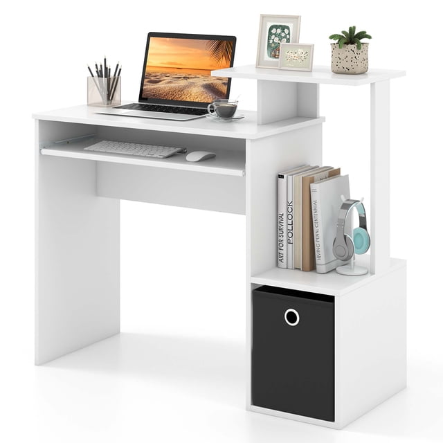 Costway Home Office Computer Desk Space-saving Study Writing Desk with Keyboard Tray in white. This compact desk features dual desktops, a pull-out keyboard tray, an open storage shelf, and a bottom cabinet with a removable black fabric drawer. The desk is shown with a laptop, books, a cup, and decorative items, highlighting its functionality and modern design. Ideal for small spaces like apartments or dorms, it measures 39.5 inches in length, 15.5 inches in width, and 34 inches in height.