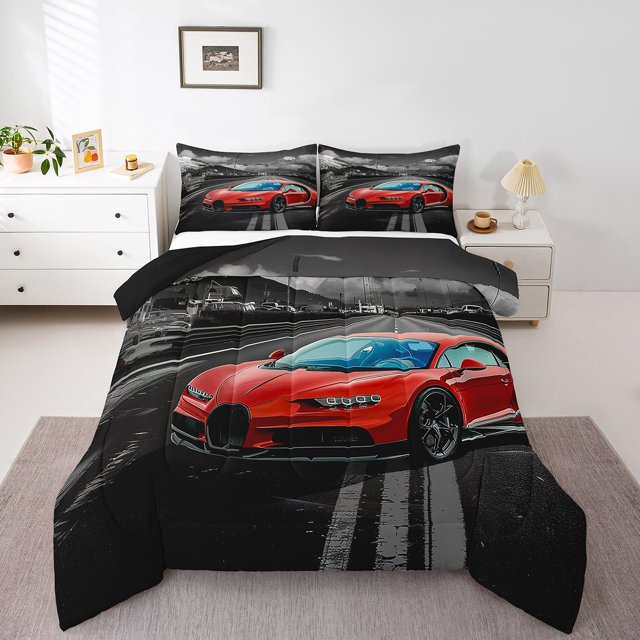 YST Ensemble de Douillette Voiture de Course Grand Lit Cool Vitesse Voiture Literie pour Adultes Hommes Femmes Voiture de Course Sport Extrême Literie Ensembles de Douillette Véhicule Automobile Gris Rouge Route Décor de Chambre Couette